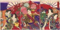 Kaiserliche Inspektion der Blume Die Kaiserin und Hofdamen mit Blick auf Blumenarrangements Toyohara Chikanobu